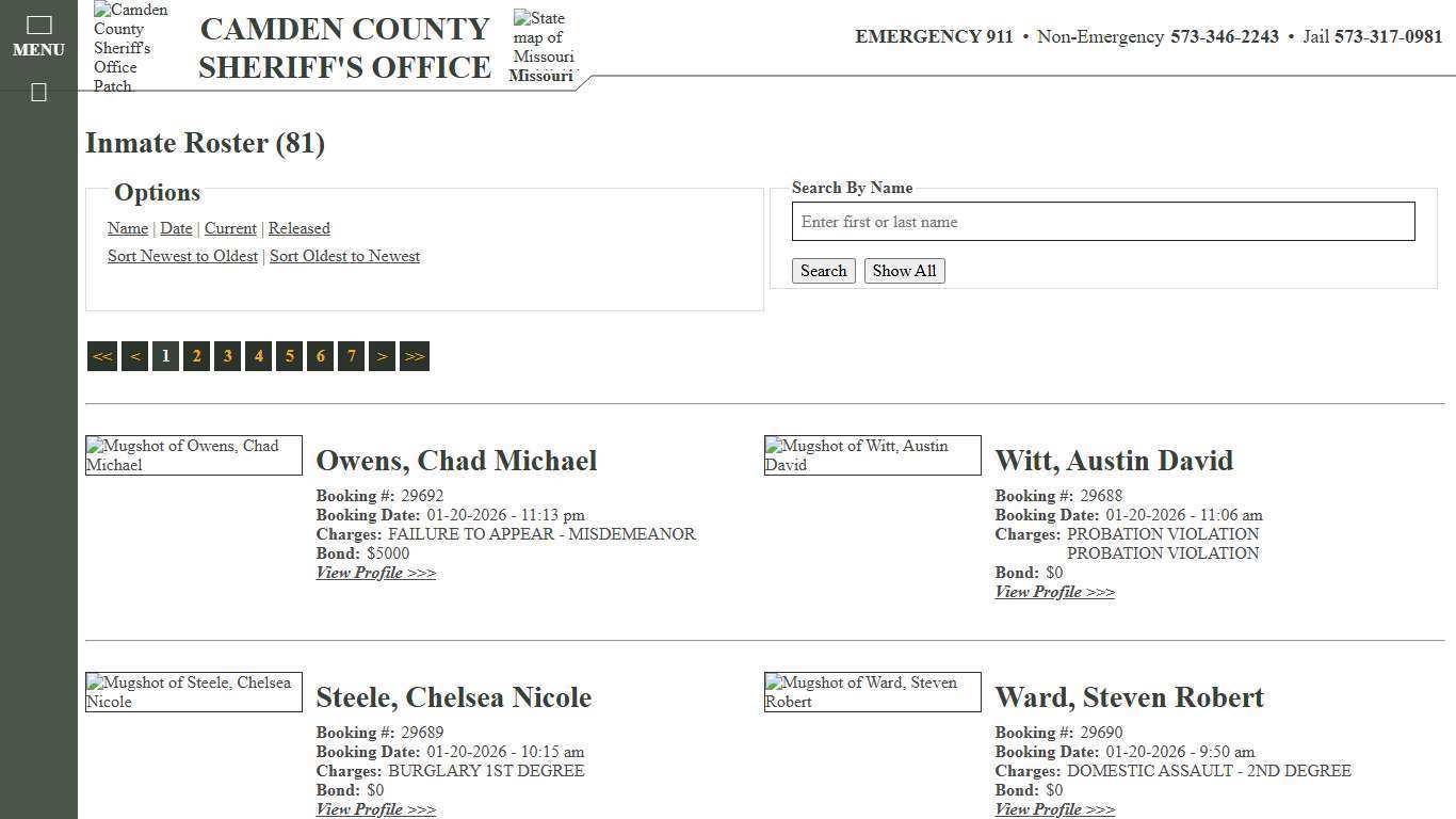 Inmate Roster - Current Inmates Booking Date Descending - Camden County Missouri Sheriff's Office